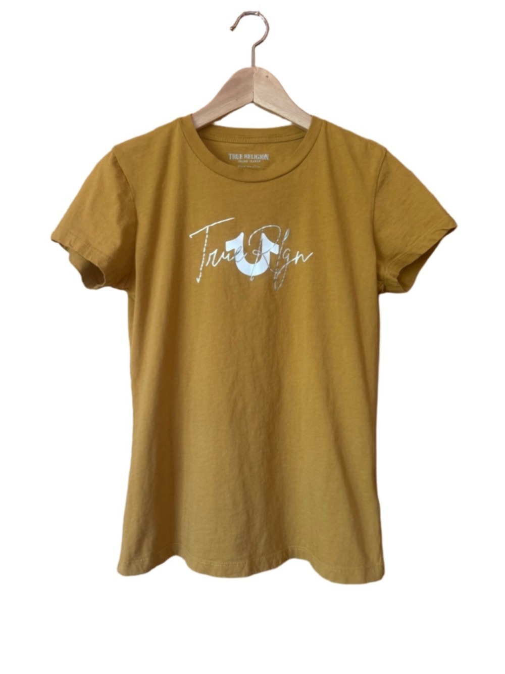 True Religion Mustard Crewneck T-Shirt with Foil Logo size medium